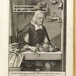 Black and white illustration of a man sitting at a desk surrounded by books and specimens.