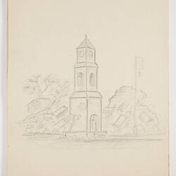 Off-white open book page, with drawing of a clock tower.