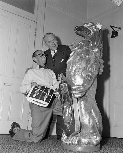 Negative - Portrait of Two Men & a Statue, Victoria, Feb 1954