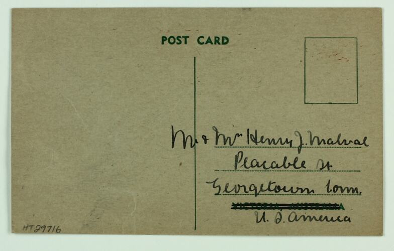 Postcard - Australian Comforts Fund, H. Boxall, to Mr. & Mrs. Henry J. Malval, circa 1943-1945