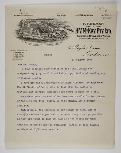 Letter - F. Reeman, to H. V. McKay, Manufacture of Steel Aeroplanes, 25 Mar 1926