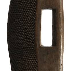 Wooden, wedge-shaped shield.