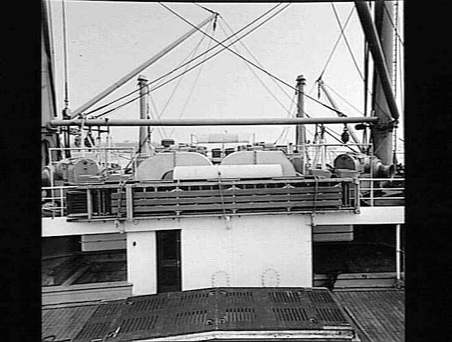 Onboard ship deck. View of winch platform.
