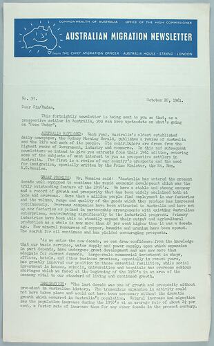 Newsletter - 'Australian Migration Newsletter', 20 Oct 1961