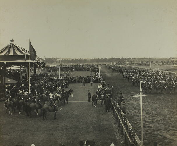 Photograph - Federation Celebrations, 'The Royal Review at Flemington Racecourse, New South Wales Lancers Marching Past', Melbourne, May 1901