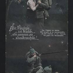 Woman and serviceman hugging on top, text in centre, two servicemen aiming rifles on bottom.