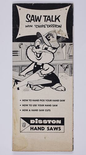 Cover with cartoon chipmunk sawing plank of wood.