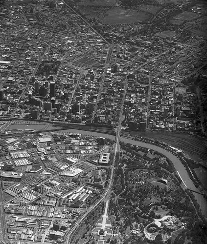 Monochrome aerial photograph of Melbourne.