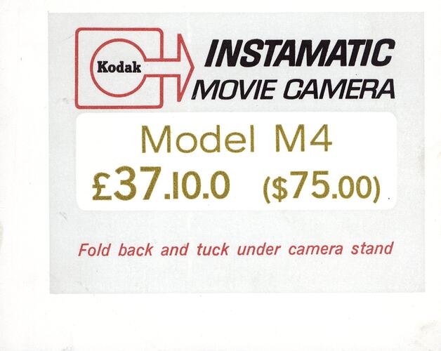 Price Ticket - Kodak Australasia Pty Ltd, Instamatic Movie Camera, Model M4, Australia, circa 1966