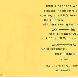 Invitation - 25th Anniversay of Settlement in Australia, John & Barbara Woods, Lalor, 1982