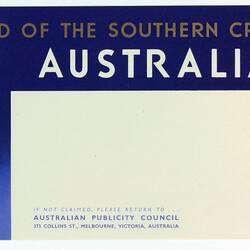 Compliments Slip - 'The Land of the Southern Cross, Australia', Australian Publicity Council, 1956