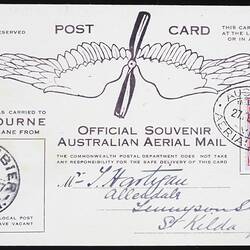 Postcard - 'Official Souvenir Australian Aerial Mail', Basil Watson Flight, Mt Gambier, South Australia to Melbourne, Victoria, Feb 1917