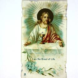 Front of postcard with illustration of Jesus.