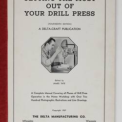 Page showing man using drill press and text.