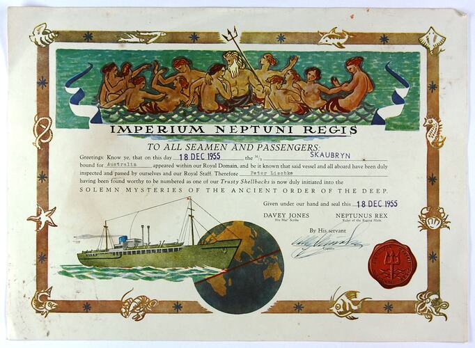 Certificate - 'Crossing the Equator', Peter Lishcke, MS Skaugum, 18 Dec 1955