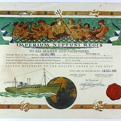 Certificate - 'Crossing the Equator', Peter Lishcke, MS Skaubryn, 18 Dec 1955