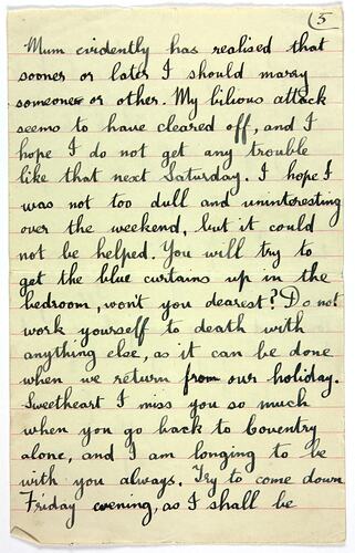 Off white page with handwritten text in black ink. Page 5.