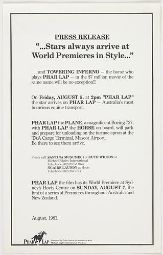 Leaflet - Edgley Ventures, Phar Lap Motion Picture Press Release, 1983