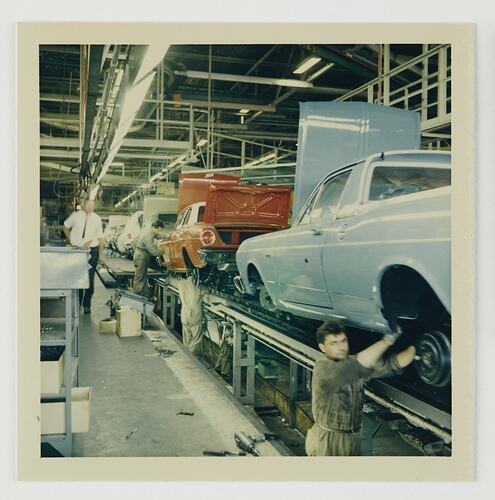Slide 106, Workers on Assembly Line, Ford Motor Company Factory, Campbellfield, 'Extra Prints of Coburg Lecture' album, circa 1960s