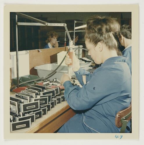 Slide 202, 'Extra Prints of Coburg Lecture', Worker Assembling Camera Parts, Kodak Factory, Coburg, circa 1960s