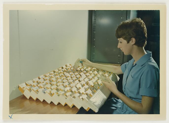 Slide 304, 'Extra Prints of Coburg Lecture', Worker Sorting Tags, Building 20, Kodak Factory, Coburg, circa 1960s