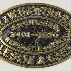 Locomotive Builders Plate - R & W Hawthorn Leslie & Co., Newcastle-upon-Tyne, England, 1920