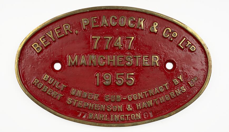 Locomotive Builders Plate - Beyer Peacock & Co. Ltd., Under Sub-Contract by Robert Stephenson & Hawthorn Ltd, England, 1955