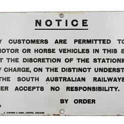Sign - Parking Motor or Horse Vehicles, South Australian Railways