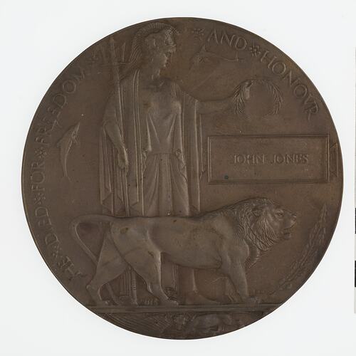 Plaque - Next of Kin Memorial Plaque, World War I, Great Britain, John Jones, 1922 - Obverse