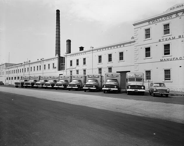 Swallow & Ariell Ltd, Ford Vans Parked Outside Factory, Port Melbourne, Victoria, Nov 1958
