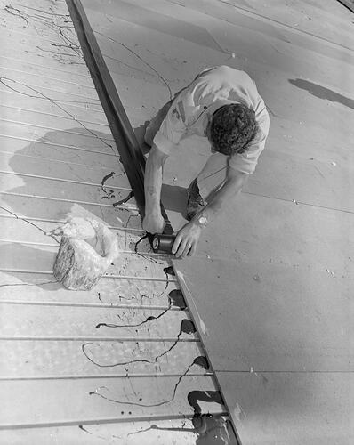 Colonial Sugar Refining Co Ltd, Tradesman at Work on Roof Construction, Melbourne, Victoria, Nov 1958