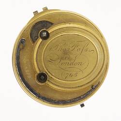 Back cover of gentleman's pocket watch movement marked 'Thos Foss, London, 765'.
