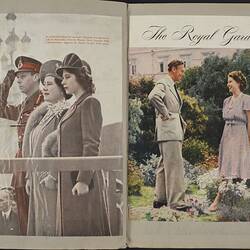 Double page of a scrapbook, black and white and colour images of Queen Elizabeth II as a young woman.