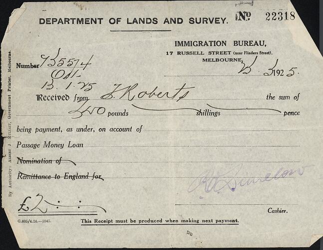 Receipt - Loan Repayment, Department of Lands and Survey, Immigration Bureau, Melbourne 23 Mar 1925