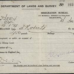 Receipt - Loan Repayment, Frederick Roberts, Department of Lands and Survey, Immigration Bureau, Melbourne 23 Mar 1925
