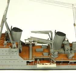 Naval ship with two masts, detail of centre of deck.