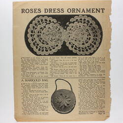 Pattern - Crochet Roses Dress Ornament, The Australian Woman's Mirror, 17 Sep 1947