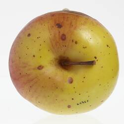 Wax model of an apple painted yellow. Has brown stem and some brown spots. Top view.