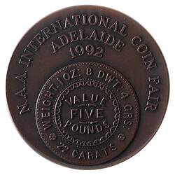 Medal - Adelaide Assay Office Five Pound Commemorative, Numismatic Society of South Australia, South Australia, Australia, 1992