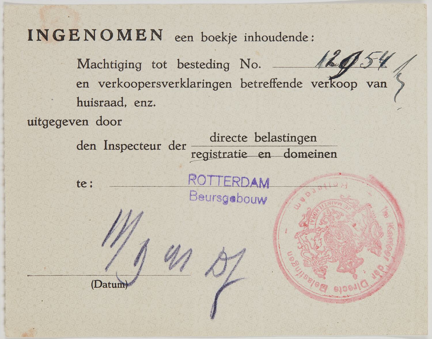 Receipt Sale Of Household Goods, Director of Taxes, Rotterdam, The