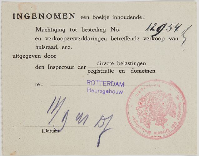 Receipt - Sale Of Household Goods, Director of Taxes, Rotterdam, The Netherlands, circa 1950