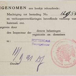 Receipt - Sale Of Household Goods, Director of Taxes, Rotterdam, The Netherlands, circa 1950