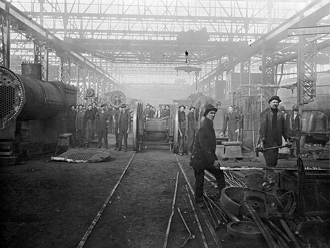 [Staff inside boiler shop, Ballart North railway workshops, pre 1930.]
