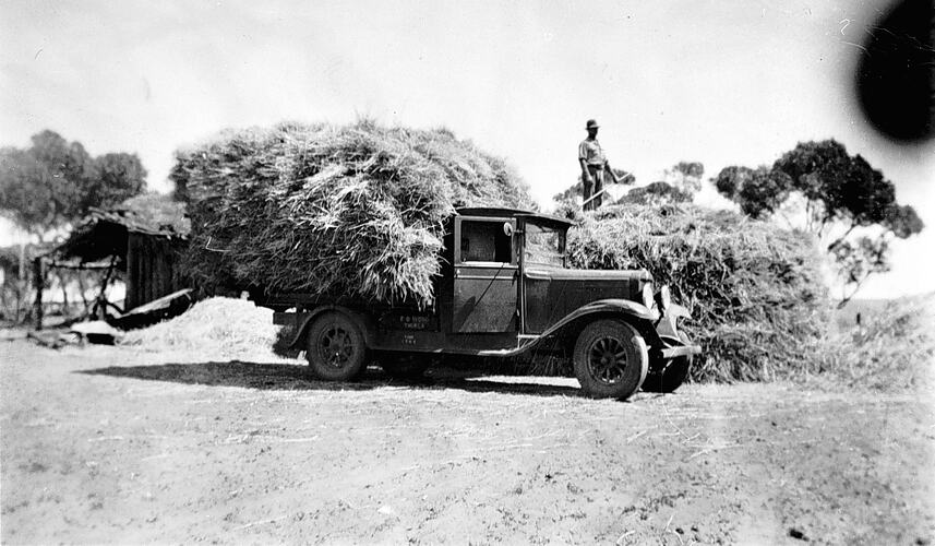[Frank Wood building a haystack, Victoria, 1934.]