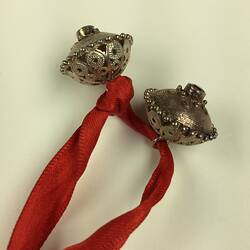 HT 57784, Pair Buttons - Women's, Silver With Red Ribbon, Iole Crovetti Marino, Sardinia, Italy, 1950s (CULTURAL IDENTITY), Object, Registered