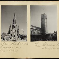 Two black and white photos on off-white page. Handwritten text in pencil. Spire church ruins and museum tower.