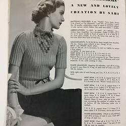 Black and white printed page with text and photograph of a woman.