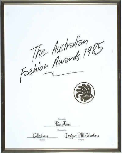 Framed Award - Australian Fashion Awards, 1985