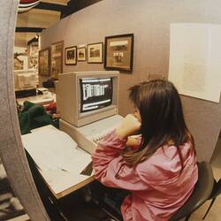 Digital Photograph -  Student Using Logo Programming language, Sunrise School, Melbourne Museum, Russell Street, 1989