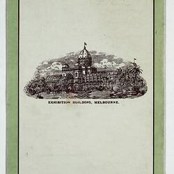 Back page of menu, green border and illustration of Royal Exhibition Building.